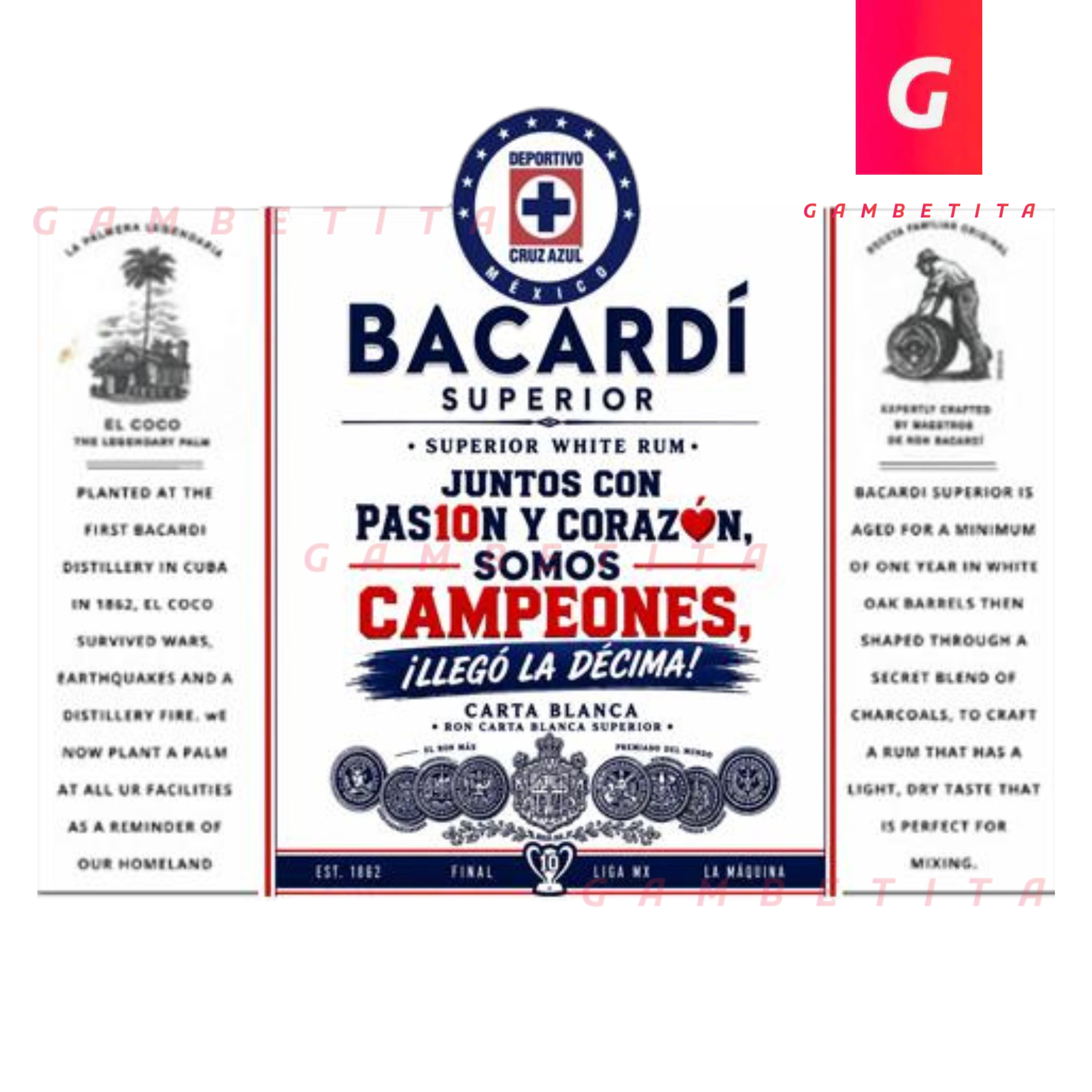 Etiqueta de Cruz Azul Campeón para botella de Bacardi